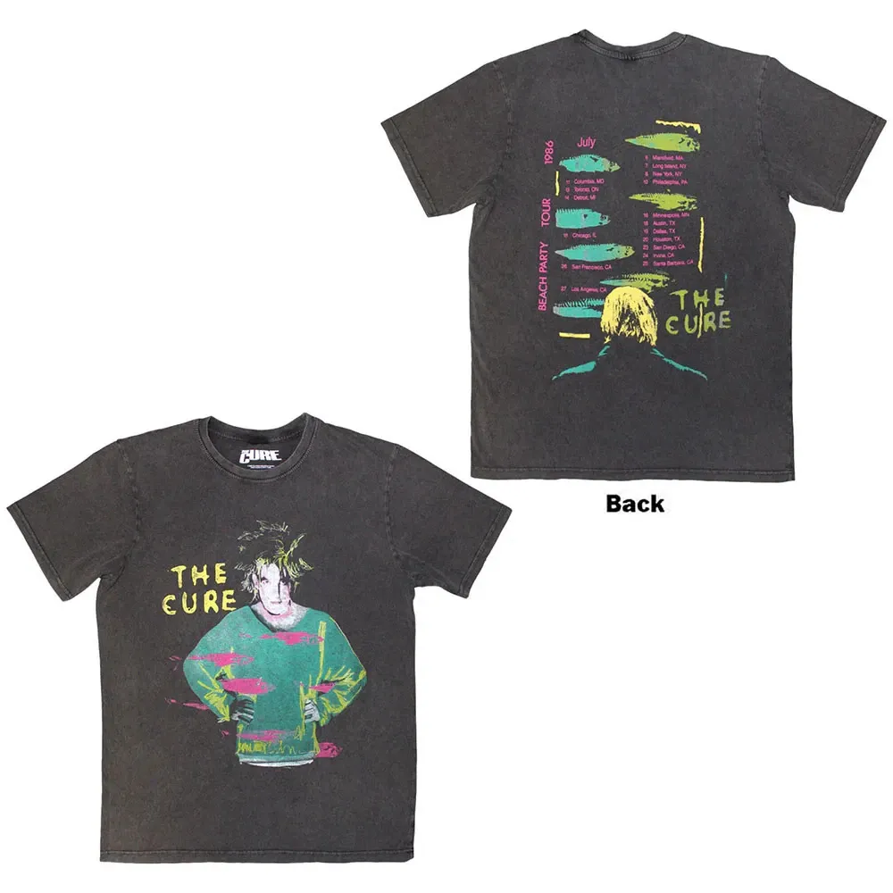 The Cure Stone Wash T-Shirt Mens Womens Tees Top: Beach Party Tour '86 (Charcoal Grey) (Back Print) O_viptrois.com