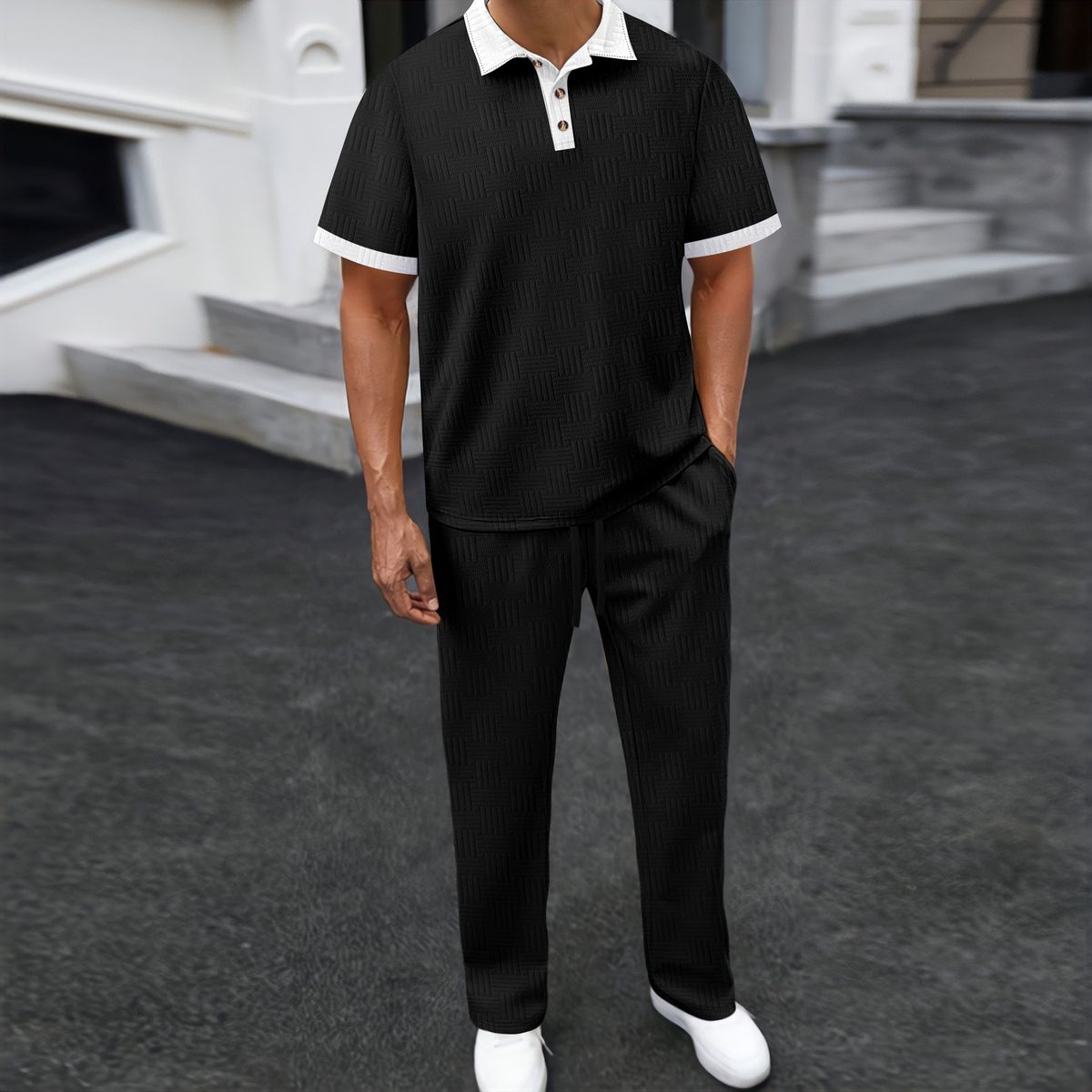 Men's Clothing Jacquard Lapel Color Matching Short Sleeved Shirt Trousers Casual Sports Suit_viptrois.com