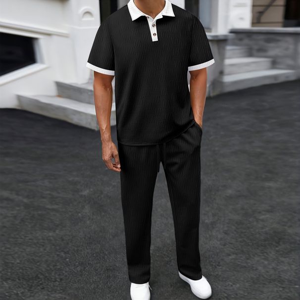 Men's Clothing Jacquard Lapel Color Matching Short Sleeved Shirt Trousers Casual Sports Suit_viptrois.com