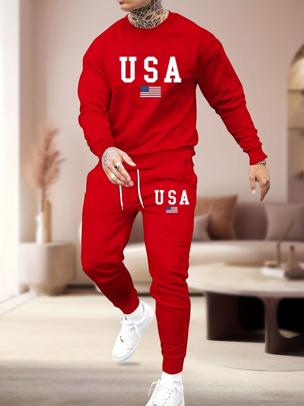 Men's Autumn And Winter Casual Warm American Flag Print Loose Thick Velvet Round Neck Sports Shirt+sports Pants Set_viptrois.com