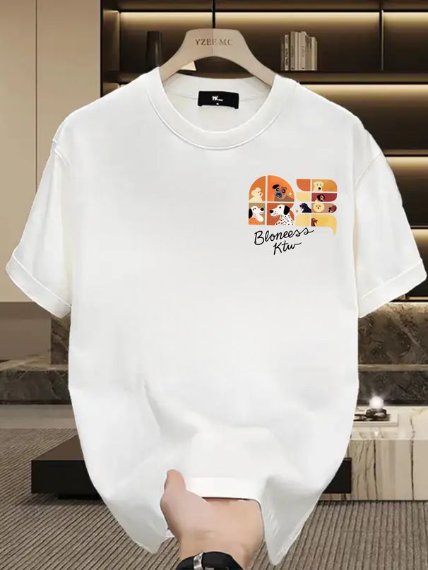 Men's 100% Cotton Short Sleeve T-Shirt With Cartoon Dog Letter "AB" Logo, Casual Loose Fit, Streetwear Style_viptrois.com
