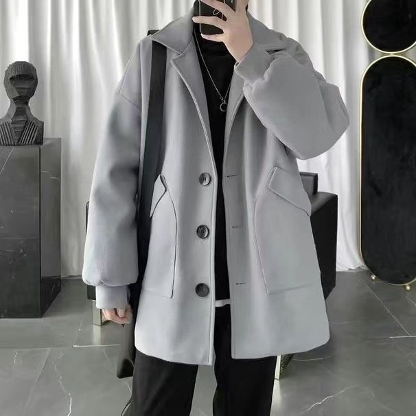 Autumn Winter Retro Thick Men's Loose Korean Style Trendy Couple Woolen Small Blazer Jacket Trench Coat_viptrois.com