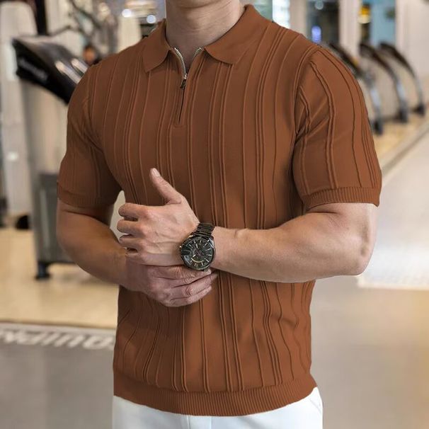 Summer Old Money Style Retro Knitted Half Zip Polo Shirt Short Sleeve Men's High End Sense Of Handsome Lapel T Shirt Texture_viptrois.com