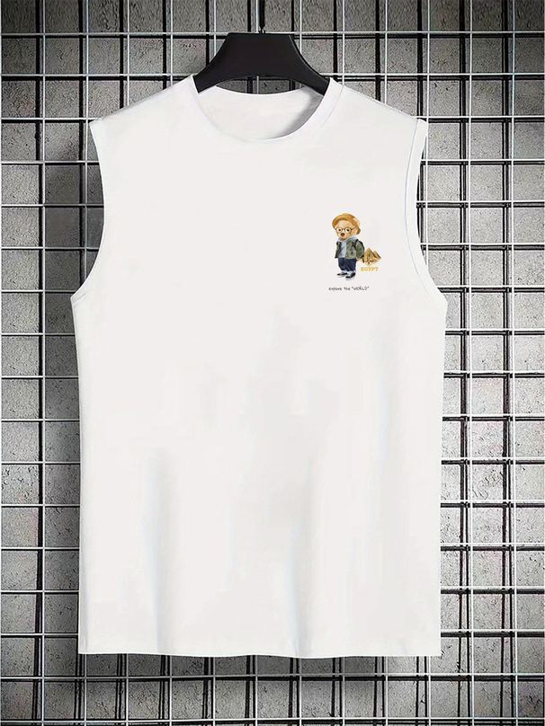 100% Pure Cotton Men's Summer Leisure Sports Fitness Loose Travel Bear Pattern Printed Breathable Round Neck Sleeveless Vest_viptrois.com