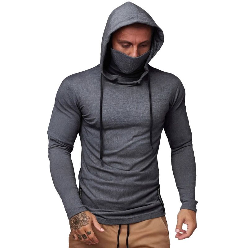 Men's Performance Hooded Turtleneck – Slim Fit Long Sleeve Base Layer With Face Mask, Gym & Streetwear Essential (Grey/Black)_viptrois.com