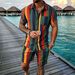 Men's Hawaiian Beach Shirt And Shorts Set Colorful Striped Short Sleeve Two-Piece Casual Outfit_viptrois.com