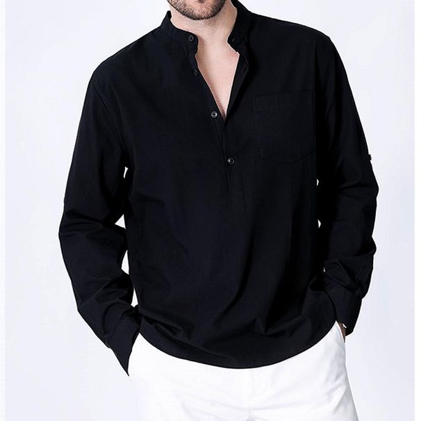 Novedad De Verano, Camisa Henley De Manga Larga Para Hombre, Camisa De Playa De Algodón De Color Sólido, Nueva Camisa Informal De Estilo Chino_viptrois.com