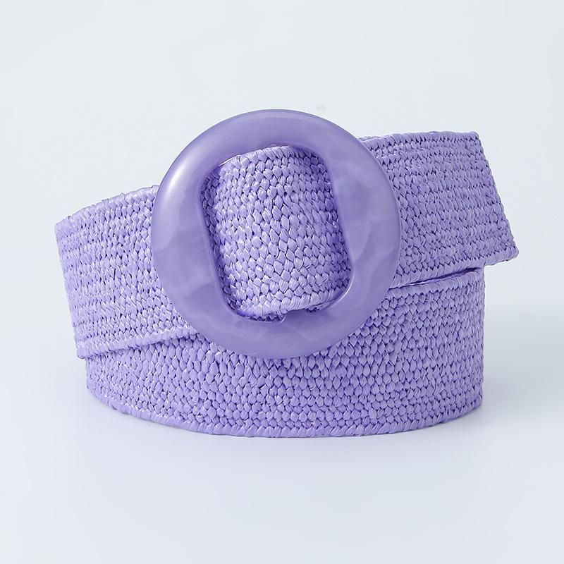 New Bohemian Candy Color PP Grass Woven Elastic Belt Resin Round Buckle Decoration Women's Wide Waist Cover_viptrois.com