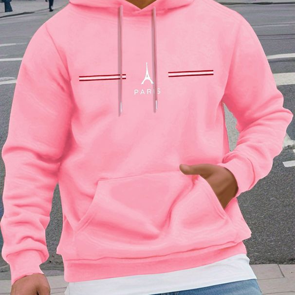 Men's Autumn And Winter Casual Fashionable Loose Hooded Sweatshirt With Paris Pattern Geometric Print Warm Long Sleeved Pullover_viptrois.com