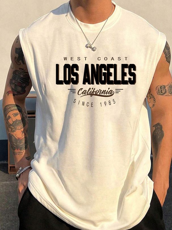 100% Pure Cotton Men's Summer Casual Sports Fitness Loose Los Angeles Letter Pattern Printed Breathable Round Neck Sleeveless Vest_viptrois.com