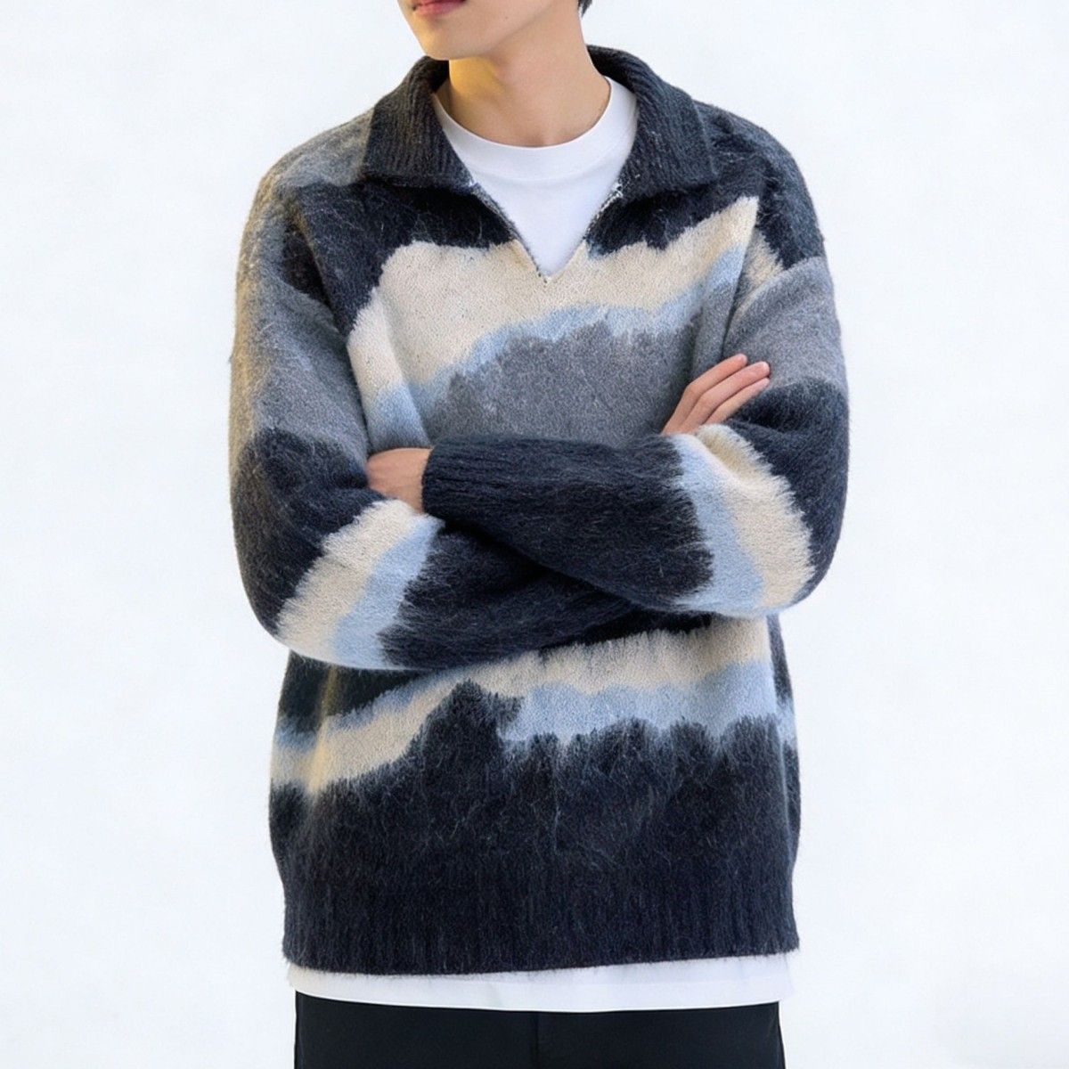 Retro Colorblock Sweater – Oversized Collared Knit Pullover With Striped Design (M-Xxl) | Unisex Vintage Streetwear For Men & Women_viptrois.com
