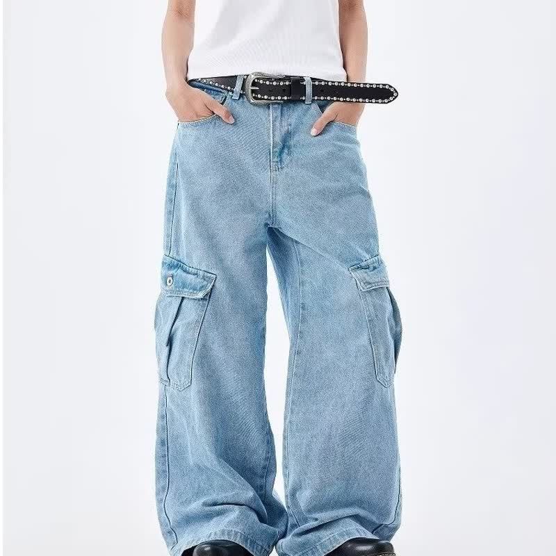 Retro Washed Light Blue Jeans For Men And Women 2025 Summer European And American Multi Pocket Straight Workwear Casual Trousers Trend_viptrois.com