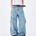 Retro Washed Light Blue Jeans For Men And Women 2025 Summer European And American Multi Pocket Straight Workwear Casual Trousers Trend_viptrois.com