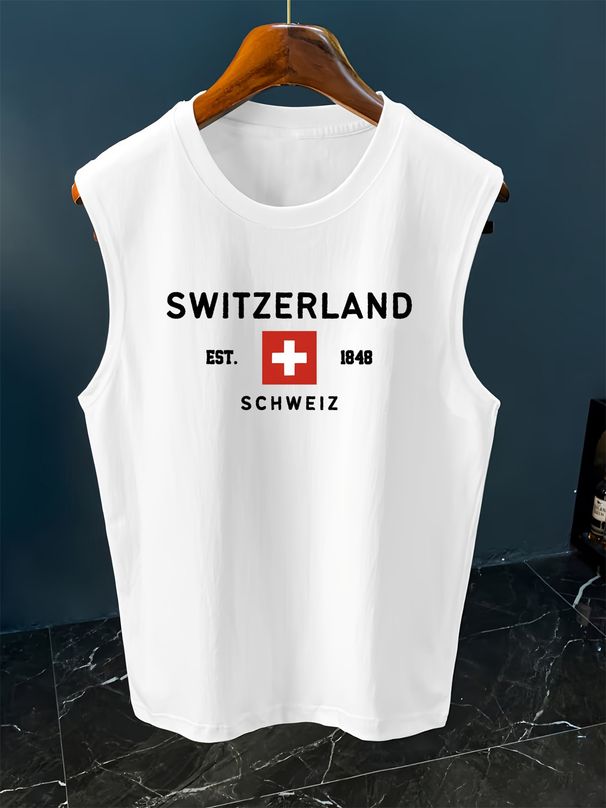 100% Pure Cotton Men's Summer Casual Sports Fitness Loose Swiss Pattern Printed Breathable Round Neck Sleeveless Vest_viptrois.com