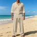 New European-style Men's Linen Stand-up Collar Loose-fitting Breathable Shirt And Pants Set For Comfortable Casual Commuting._viptrois.com