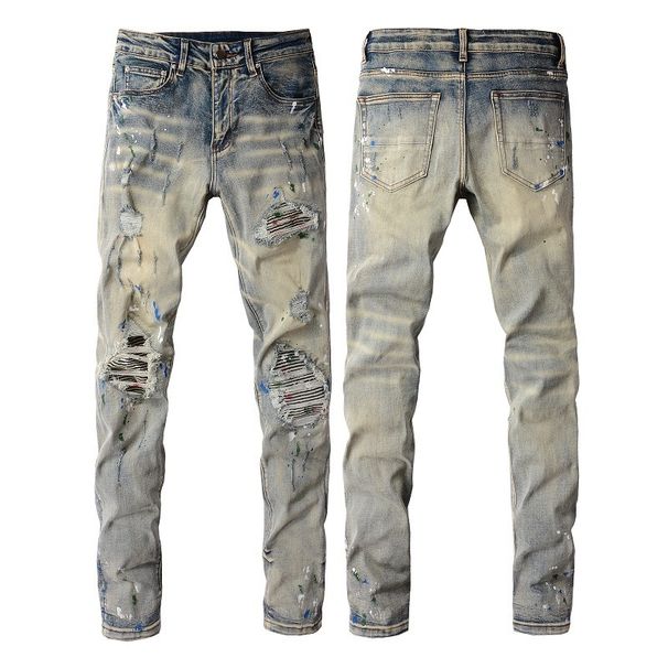 Loom European And American Style Jeans 98% Cotton + 2% Spandex High Street Graffiti Ripped Stretch Slim Fit Skinny Men's_viptrois.com