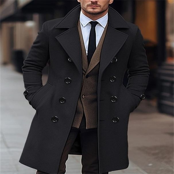 2026 Fashion European-USA Style Overcoats Men Lapel Pure Color Double-Breasted Buttons Long Sleeve Woolen Coat_viptrois.com