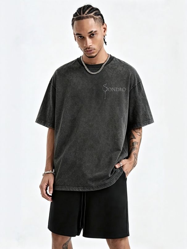 230g Washed Men T-Shirt SONDRO Vintage Unique Serif Letter Print Short Sleeve Crew Neck Casual Streetwear Top_viptrois.com