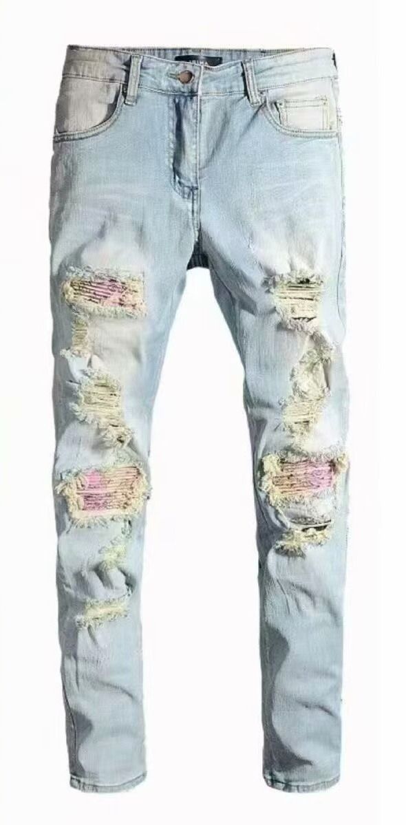 Men's Distressed Patchwork Jeans – Slim Fit Stretch Denim (Streetwear, Casual, Ripped & Embroidered, S-3XL)_viptrois.com