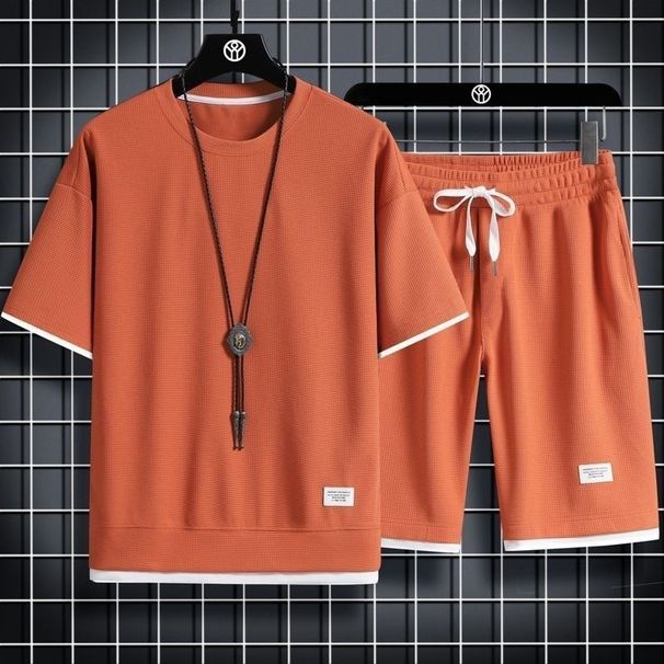 Men's Clothing Waffle Casual Suit Ice Silk Short Sleeved T Shirt Set With Handsome Large Size Sports Suit_viptrois.com