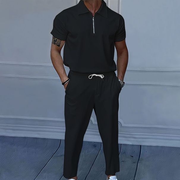 Men's Clothing Large Size Solid Color Suit Lapel Short Sleeve Zipper Trousers Suit_viptrois.com