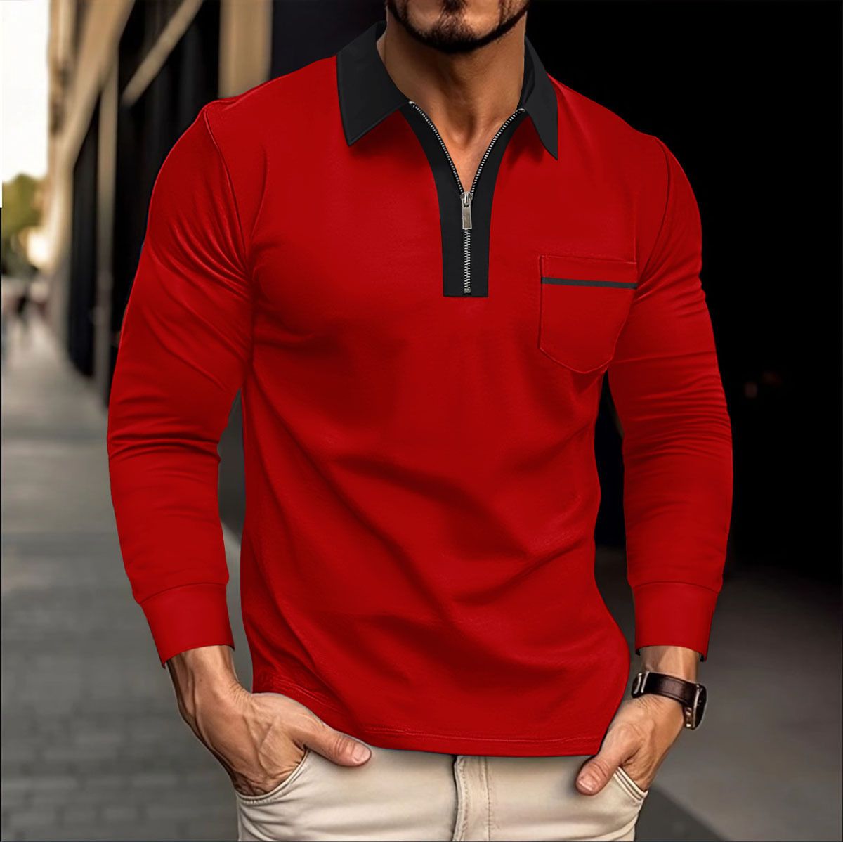 Men's Contrast Trim Zippered Polo Shirt - Long Sleeve Casual Top With Chest Pocket_viptrois.com