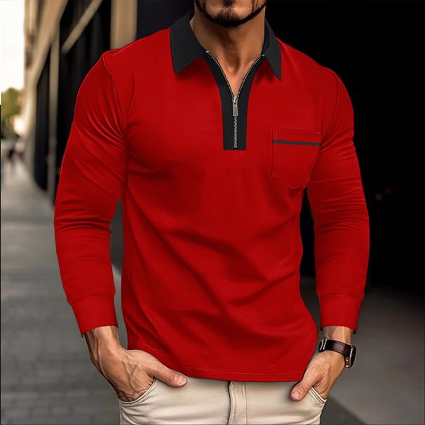 Men's Contrast Trim Zippered Polo Shirt - Long Sleeve Casual Top With Chest Pocket_viptrois.com