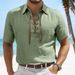 Men's Linen Short Sleeve Shirt - Large Size V Neck With Lapel & Tie Detail, Casual Fashion Top For Summer_viptrois.com