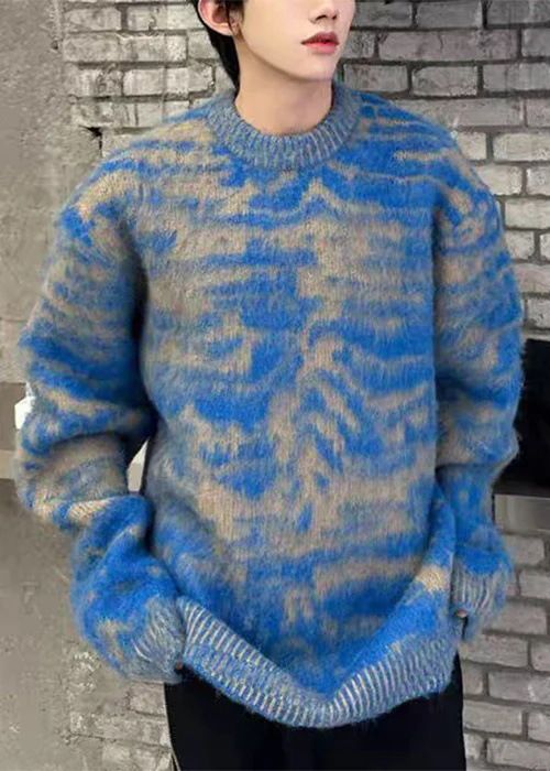 Men's Clothing Lazy Screenshots Casual Blue Striped Round Neck Sweater Men And Women Autumn And Winter Loose Couple Sweater_viptrois.com
