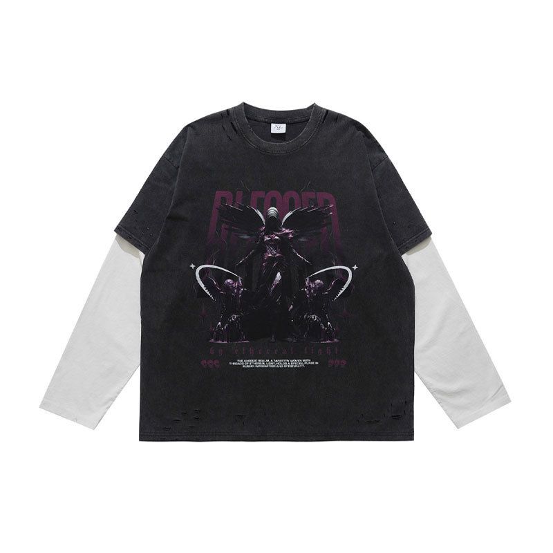 Trendy Hip-hop Washed Vintage Print Patchwork Long-sleeve T-shirt Men Women, High Street Fashion For Spring And_viptrois.com