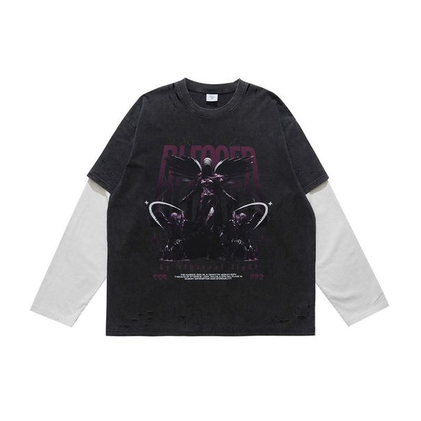 Trendy Hip-hop Washed Vintage Print Patchwork Long-sleeve T-shirt Men Women, High Street Fashion For Spring And_viptrois.com