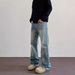 Men's Clothing High Street Cleanfit Cat Whisker Pattern Distressed Jeans Straight Flared Vibe Long Pants_viptrois.com