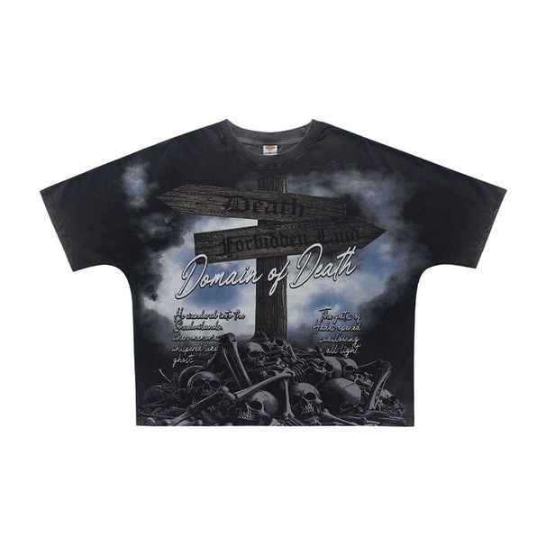 American-style Landscape All-over Print Washed Vintage Loose One-piece Cut Short-sleeve T-shirt_viptrois.com