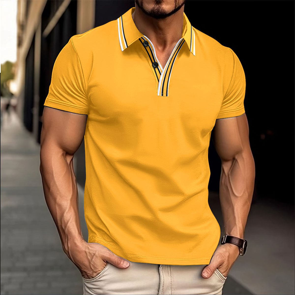 Men's Clothing Collar Striped Casual Polo Shirt Lapel Button Business Versatile T Shirt Top_viptrois.com