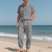 Men's Loose High End Hip Hop Workwear Sports Casual Trousers Linen Beach Short Sleeved Shirt Suit_viptrois.com