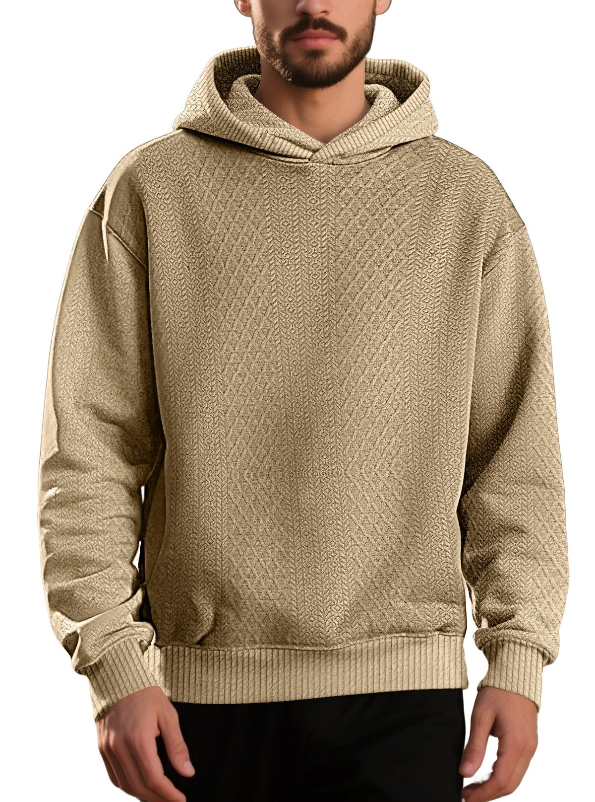 Men's Loose Fit Jacquard Hooded Sweatshirt - Solid Color Long Sleeve Pullover For Casual Wear_viptrois.com