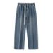Men's Drawstring Waist Straight Leg Jeans - Relaxed Fit Stretch Denim Pants With Adjustable Ties_viptrois.com