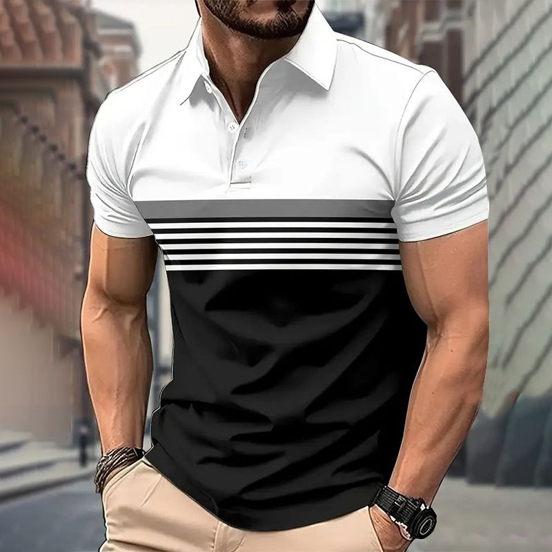 Men's Clothing Slim Fit Polo Shirt Ribbed Striped Lapel Button Solid Color Splicing T Shirt Top_viptrois.com