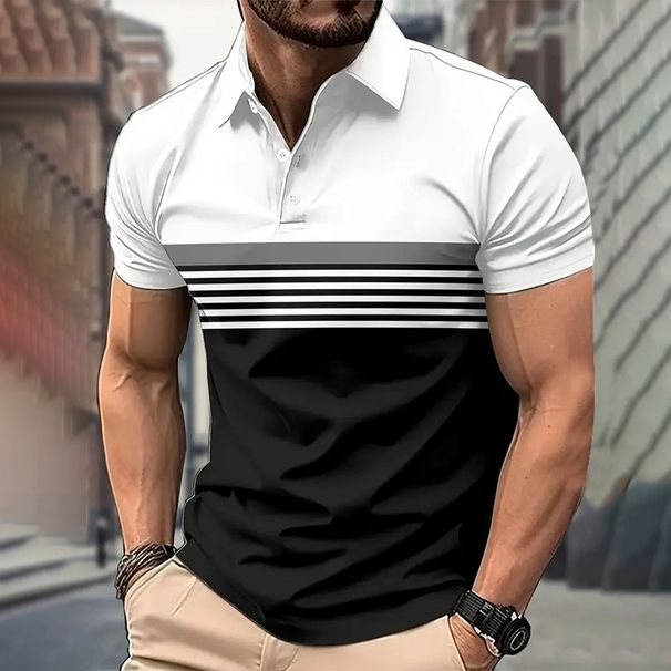 Men's Clothing Slim Fit Polo Shirt Ribbed Striped Lapel Button Solid Color Splicing T Shirt Top_viptrois.com