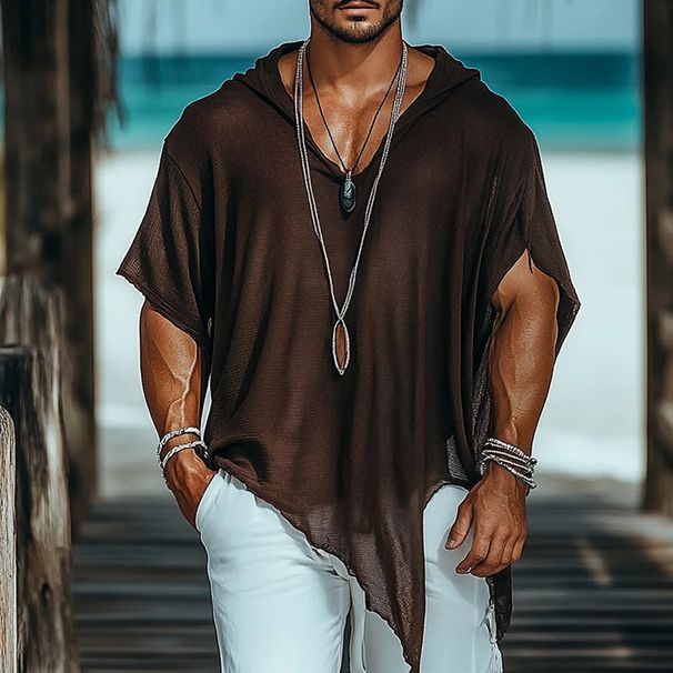 Men's Fashion V-Neck Hooded T-Shirt - Lightweight Casual Knit Top For Spring & Summer_viptrois.com
