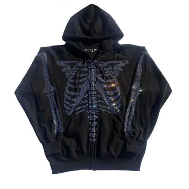 Oversized Shiny Rhinestone Hoodie Women's Loose Zipper Hooded Y2k Gothic Style Sweatshirt For Girls_viptrois.com