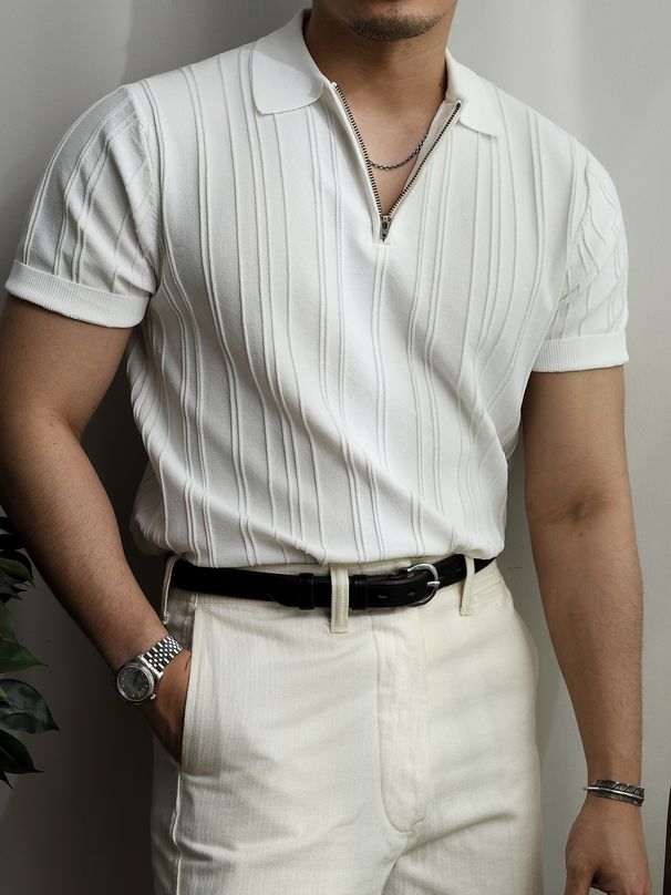 Men's Retro Knit Polo Shirt – Zip-Up Collar, Striped Texture, Breathable & Stretch Fit (Black/White, M-Xxxl)_viptrois.com