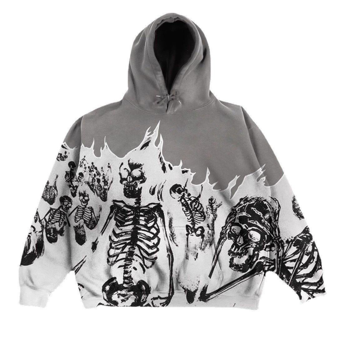 Gothic Skeleton Print Hoodie Unisex Oversized Streetwear Pullover Sweatshirt For Men & Women_viptrois.com