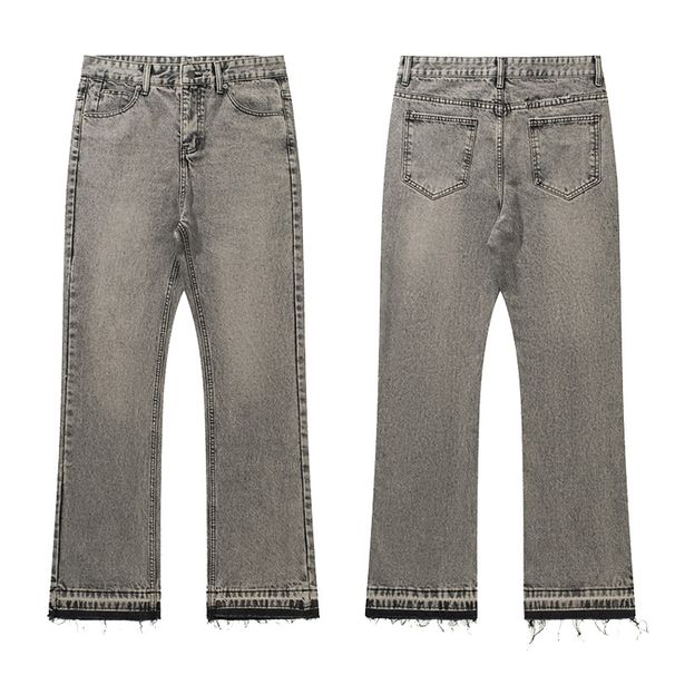 2026 Fashion American Smoky Gray Tassel Jeans Youth/Men Cotton Mid Waist Retro Washed Do Old Cement Denim Pants_viptrois.com