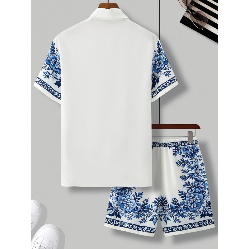 "Men's Short Sleeve Floral Print Shirt & Shorts Set - Lightweight Polyester Summer Casual Outfit - S-XXL"_viptrois.com