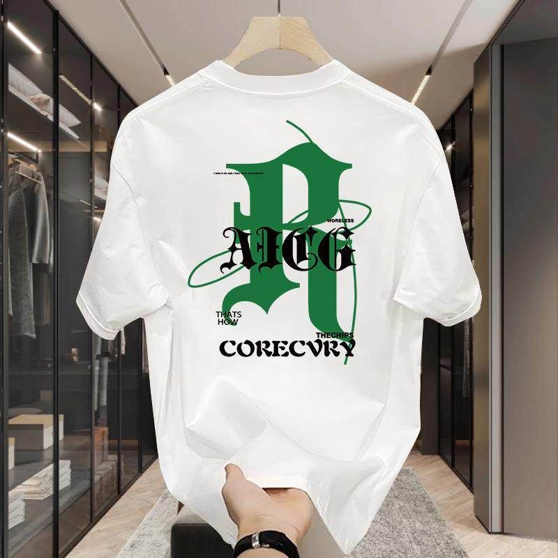 Young Men's Style Heavyweight Cotton T-Shirt Short-Sleeved Round Neck Summer Trendy Print Loose Versatile Top_viptrois.com