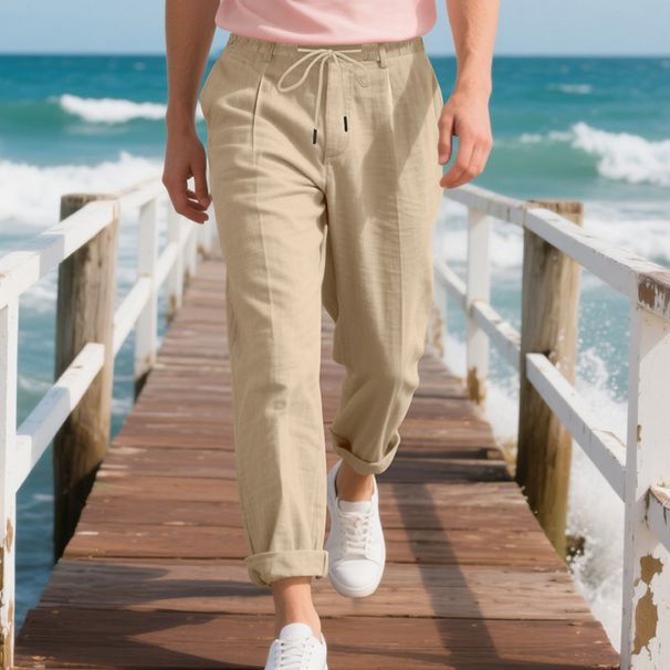 Men's Clothing Linen Trousers Breathable Comfortable Khaki Pants Straight Casual Lightweight ( Light Khaki, Light Blue, Brown) - S/M/L/XL/XXL_viptrois.com