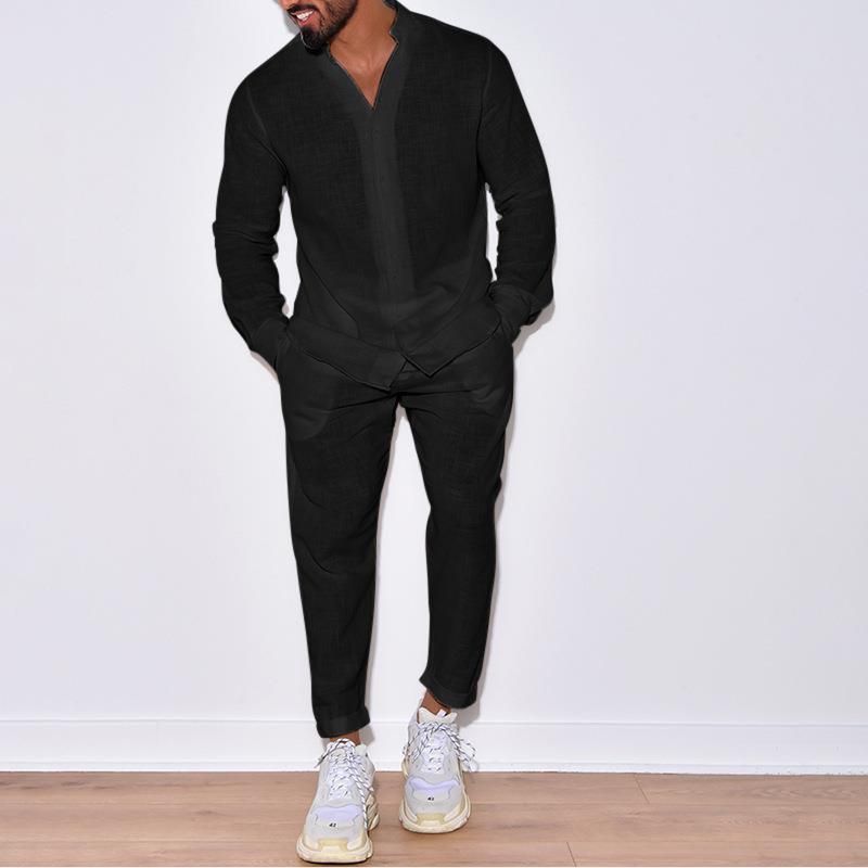 Men's Clothing Sports Suit Men's Linen Autumn Casual Suit Long-sleeved Fashion Workwear Trousers Foreign Trade Two-piece Set_viptrois.com