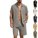 Men's Summer Linen Jacquard Shirt And Beach Shorts Set Loose Striped Short Sleeved Cross Border European American Style_viptrois.com