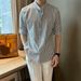 Summer Stand Collar Striped Short Sleeved Shirt For Men 25 Years New Style Light Mature Style Light And Simple Seersucker Mid Sleeve Shirt Trend_viptrois.com